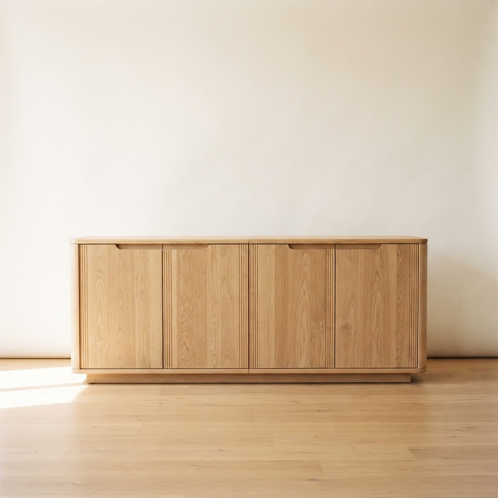 The Kumi Sideboard, a low modular oak storage piece, shown against a warm neutral studio backdrop.