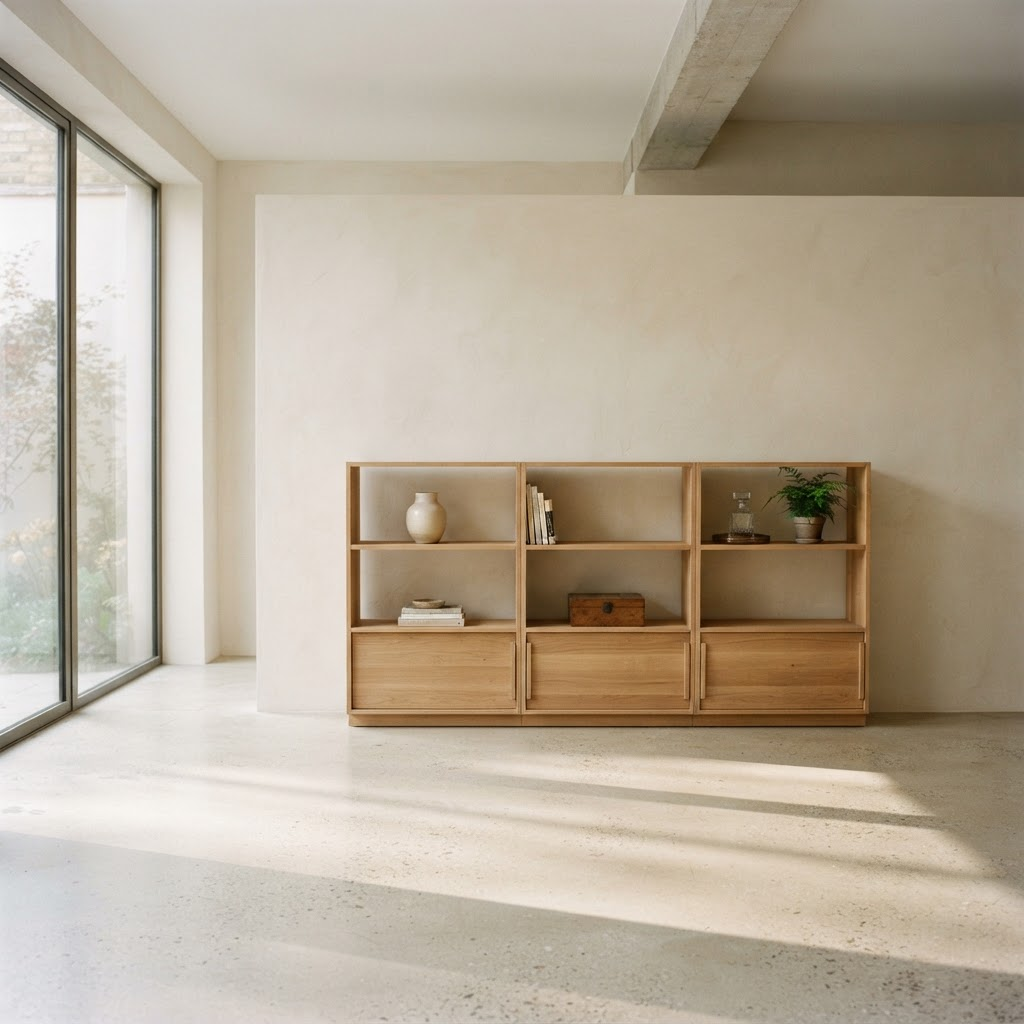 A Kumiform modular oak shelving system standing in a calm, sunlit minimalist room.